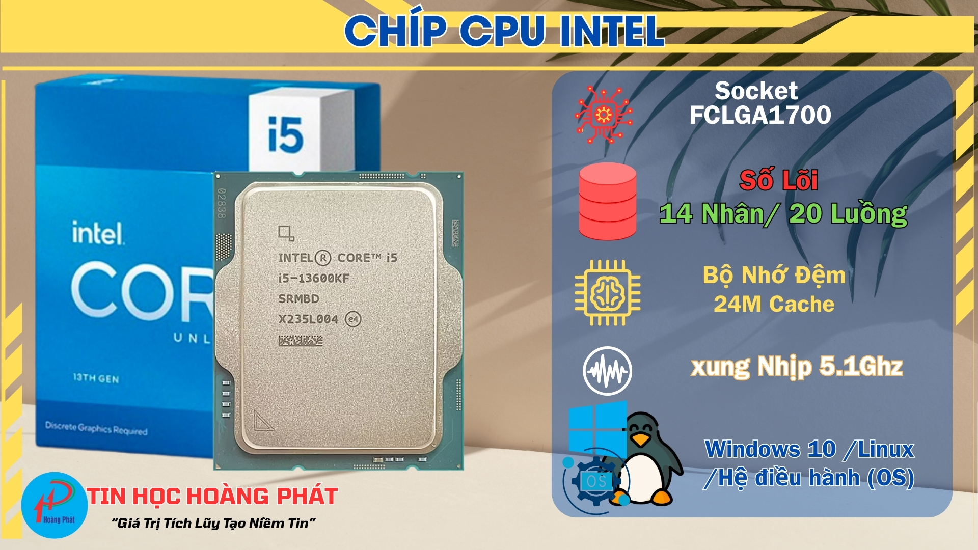 CPU Intel Core i5 13600KF ( Up 5.1 GHz | 14 Nhân / 20 Luồng | 24MB | LGA1700) 7 1 6